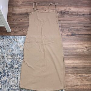 Abercrombie- Beige Slip Midi Dress with Spaghetti Straps & Side Slit